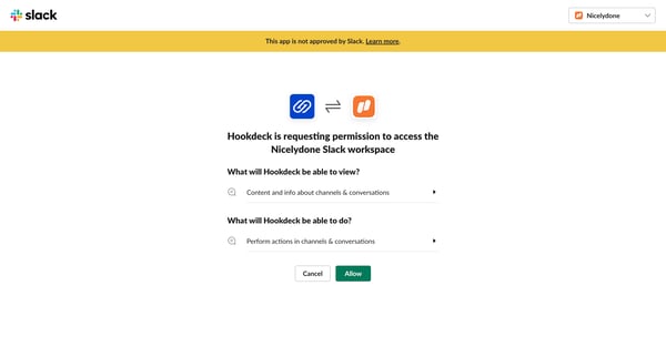 Hookdeck is requesting permission to access the Nicelydone Slack screen