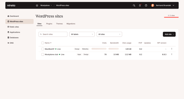 WordPress sites - MyKinsta screen