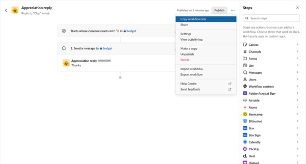 Appreciation reply | Workflow Builder Nicelydoneclub - Slack screen