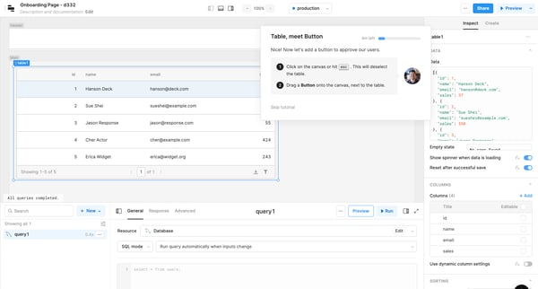 Onboarding Page - d332 | Editor  Retool screen