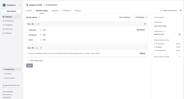 Feature › Export to CSV › Remote config screen