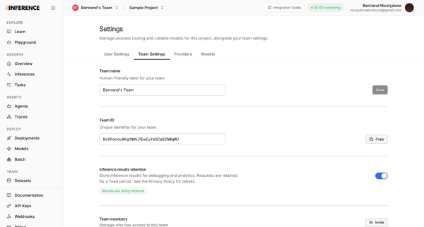 Settings | inference.net screen