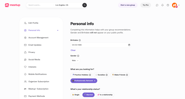 Personal info screen