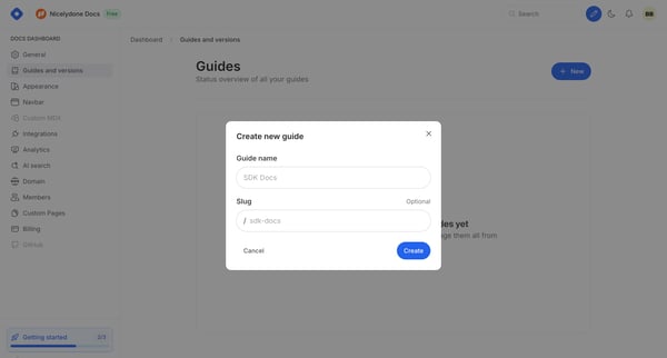 Docs Dashboard - Guides and versions screen