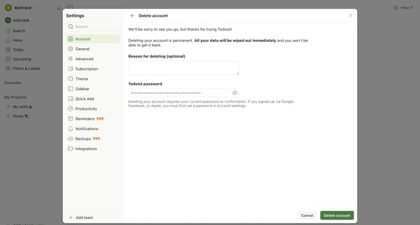 Delete account – Settings – Todoist screen