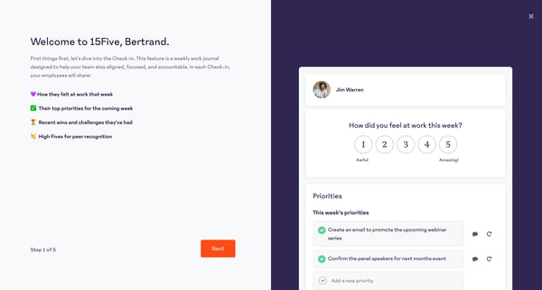 Onboarding · 15Five screen