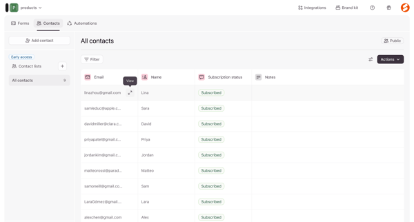 Typeform - Contacts screen