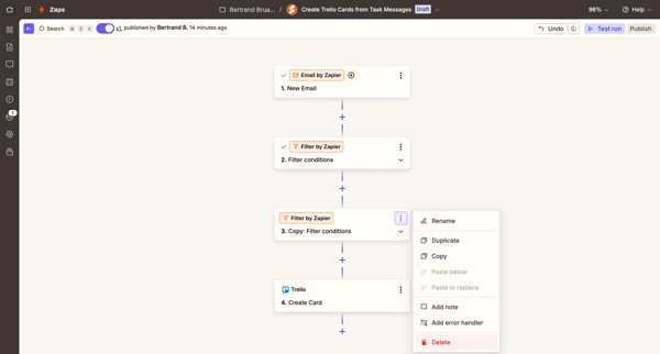Create Trello Cards from Task Messages | Zapier screen