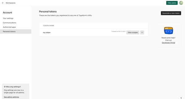 Typeform - Account screen