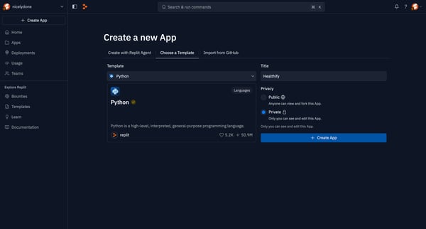 Create a new App - Replit screen