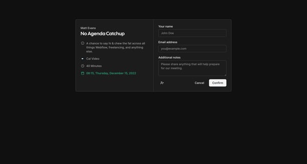 Confirm your No Agenda Catchup with Matt Evans | Cal.com screen