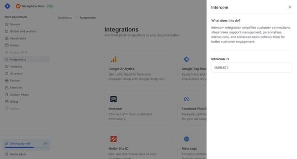 Docs Dashboard - Integrations screen