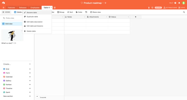 Product roadmap Table 4 - Airtable screen