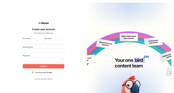 Sign Up | Macaw screen