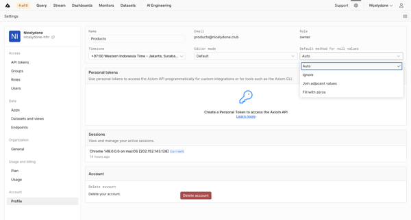 Profile - Settings - Axiom screen