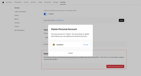 General – Account – Dashboard – Vercel screen