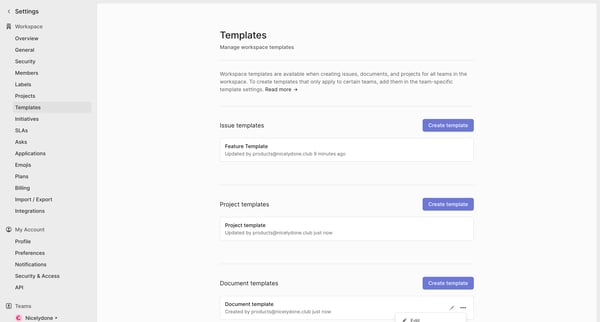 Templates screen