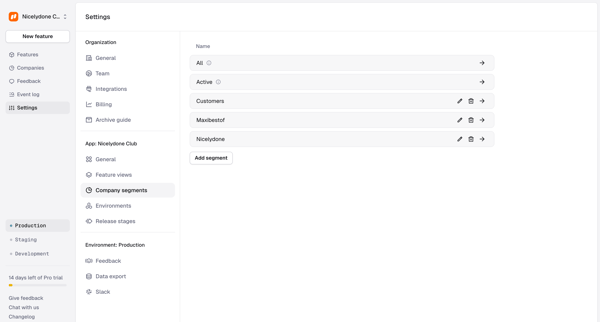 Settings › App › Company segments screen