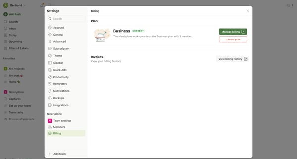 Billing – Settings – Todoist screen