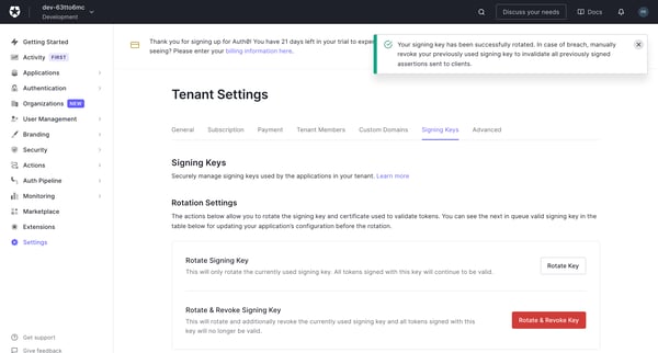 Tenant Settings screen