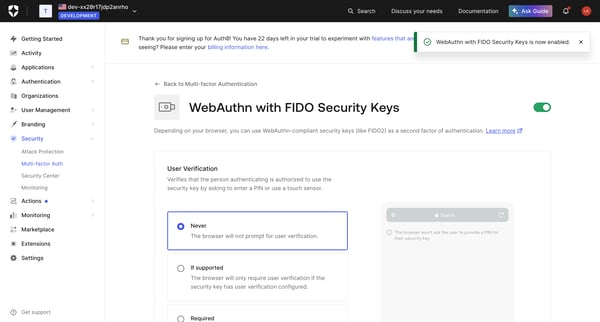 WebAuthn Roaming Security screen