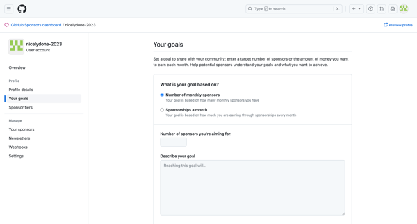 GitHub Sponsors dashboard · Goals screen