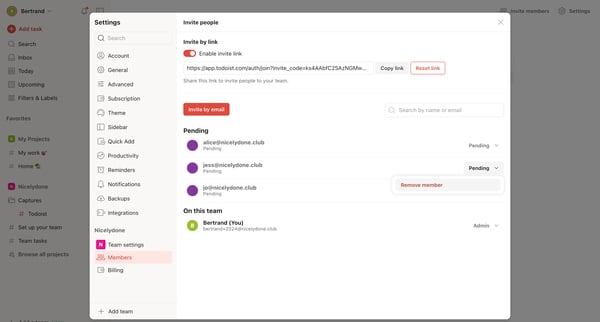 Invite people – Settings – Todoist screen