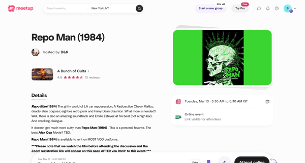 Repo Man (1984), Mon, Mar 9, 2026, 6:00 PM | Meetup screen