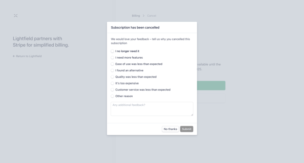 Cancel subscription | Lightfield Billing screen