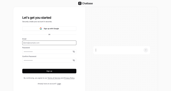 Sign Up - Chatbase screen
