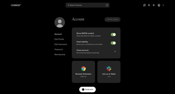 Settings | Cosmos screen