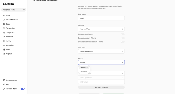 Lithic - Create Authorization Rule screen