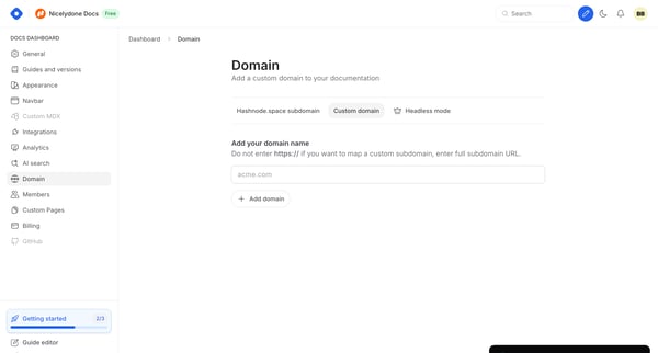Docs Dashboard - Domain from Hashnode