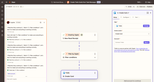 Create Trello Cards from Task Messages | Zapier screen