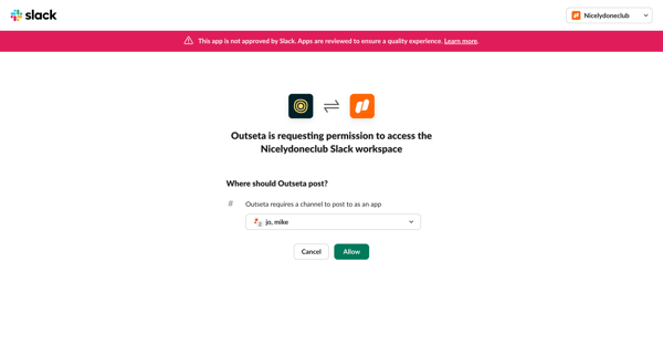 Outseta is requesting permission to access the Nicelydoneclub Slack workspace | Nicelydoneclub Slack screen