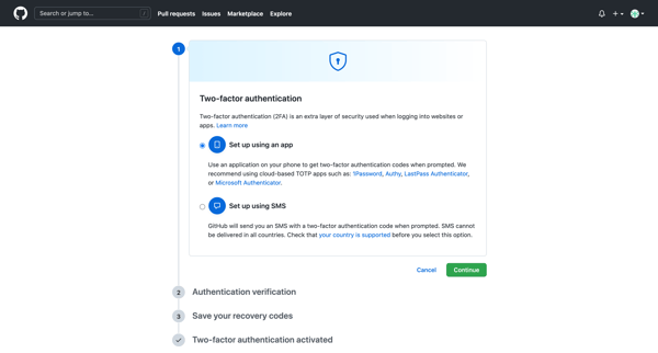 Enable two-factor authentication screen