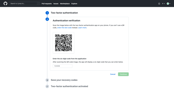 Enable two-factor authentication screen