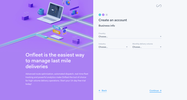 Onfleet | Sign up screen
