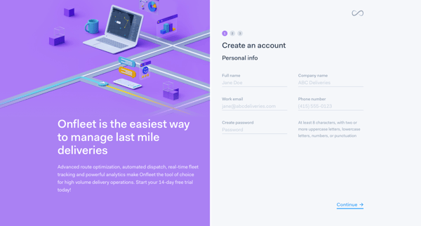 Onfleet | Sign up screen