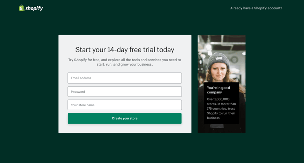 Sign up for Shopify - Free 14-day trial screen