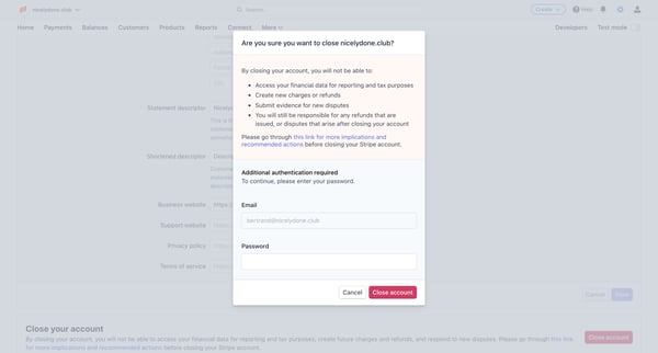 Account details – nicelydone.club – Stripe screen