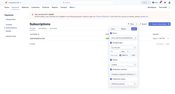 Subscriptions – nicelydone.club – Stripe screen
