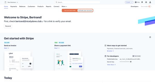 Home – New Business – Stripe [Test] screen