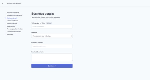 Activate your account – New Business – Stripe screen
