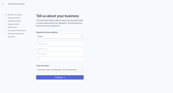 Activate your account – New Business – Stripe screen