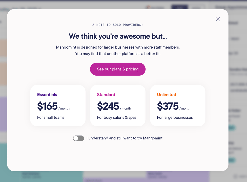 Mangomint — Pricing section component