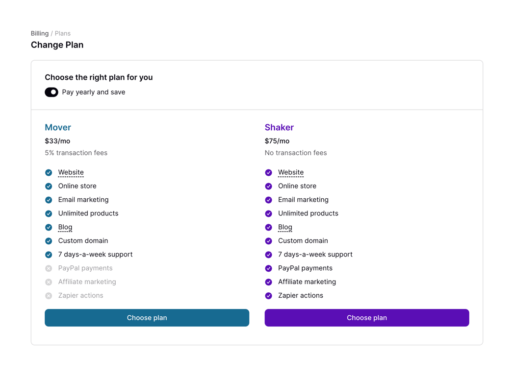 Podia — Pricing section component