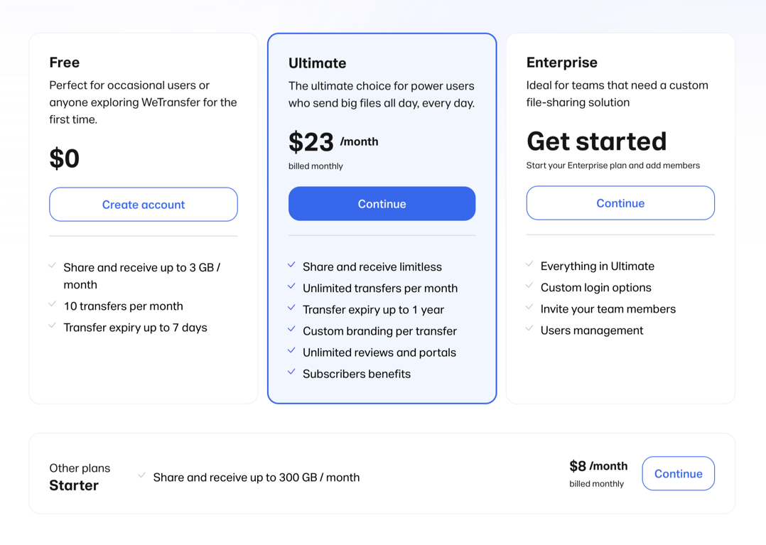 WeTransfer — Pricing section component