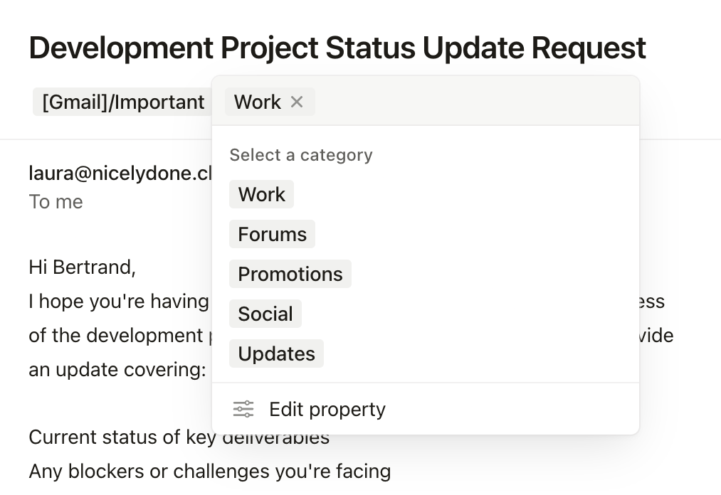 Notion Mail — Dropdown menu component