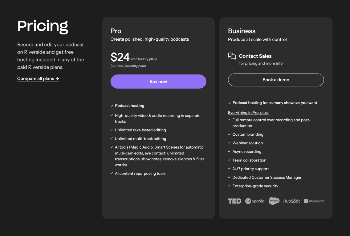 Riverside — Pricing section component